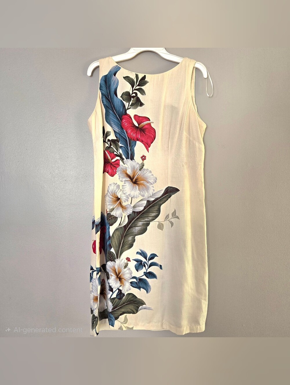 Vintage Iolani Hawaii Dress Womens Large Cream Hibiscus Tropical Floral Shift L